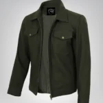 Men’s olive green wool utility jacket with zip-up closure