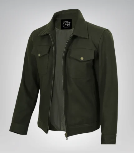 Men’s olive green wool utility jacket with zip-up closure