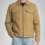 Men’s Camel Brown Wool Trucker Jacket with Zip Closure