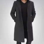 Men’s Gray Hooded Wool Overcoat Long Knee-Length Winter Coat with Zip Closure