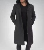 Men’s Gray Hooded Wool Overcoat Long Knee-Length Winter Coat with Zip Closure