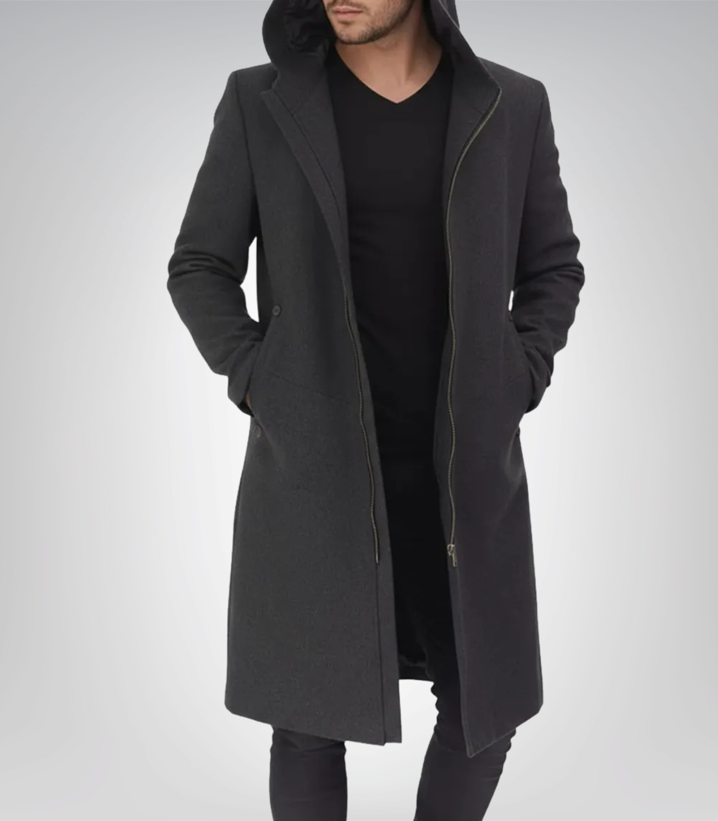 1 Men’s Gray Hooded Wool Overcoat Long Knee-Length Winter Coat with Zip Closure - Image 1