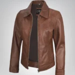 Women’s cognac leather Harrington style jacket with shirt collar