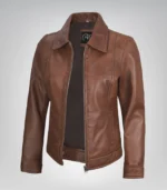 Women’s cognac leather Harrington style jacket with shirt collar
