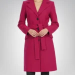 The Couture Women’s Pink Wool Long Wrap Overcoat Belted Knee-Length Winter Coat