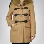 Women’s Camel Brown Hooded Wool Duffle Coat Shearling Trim Winter Outerwear