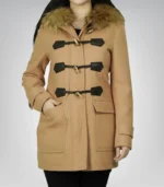 Women’s Camel Brown Hooded Wool Duffle Coat Shearling Trim Winter Outerwear