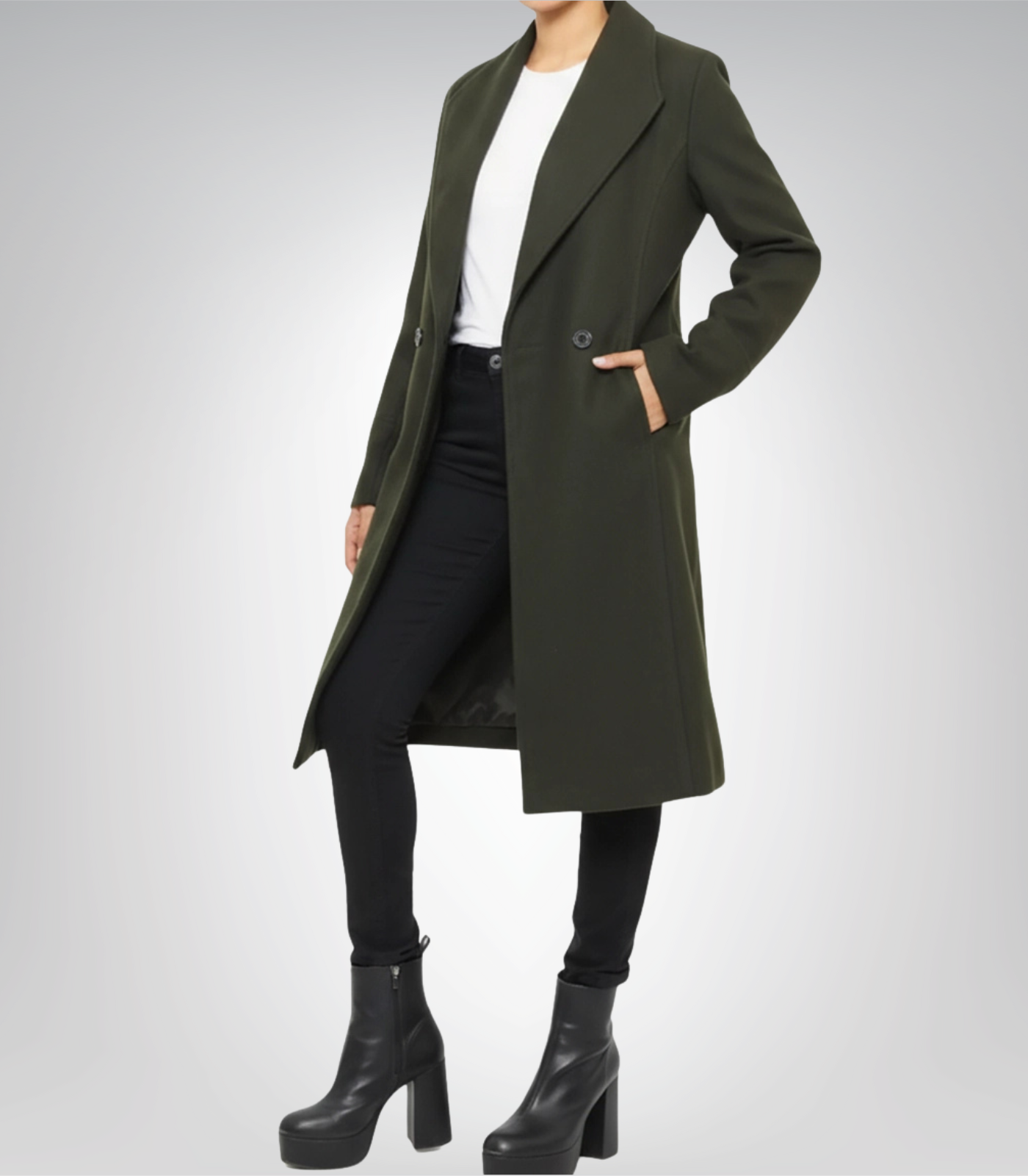1 Women’s Olive Green Double-Breasted Wool Coat Knee-Length Winter Outerwear - Image 1