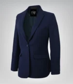 Women’s Navy Blue Wool Blazer with Notch Lapel Single Button Tailored Jacket