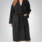 Genesis Women’s Black Oversized Long Wool Coat Relaxed Fit with Detachable Belt