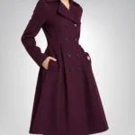 Carol Women’s Burgundy Double-Breasted Wool Coat Sculpted Waist Winter Outerwear