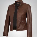 Women’s cognac waxed motorcycle-style leather jacket