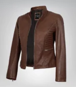 Women’s cognac waxed motorcycle-style leather jacket