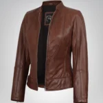 Women’s cognac-toned genuine leather biker jacket
