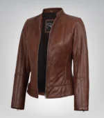 Women’s cognac-toned genuine leather biker jacket