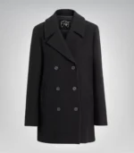 Shalon Executive Women’s Black Double-Breasted Wool Overcoat 3/4 Length Winter Coat