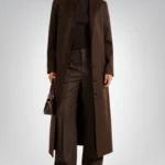 Rosario Runway Women’s Dark Brown Collarless Wool Coat Full-Length Winter Trench