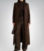 Rosario Runway Women’s Dark Brown Collarless Wool Coat Full-Length Winter Trench