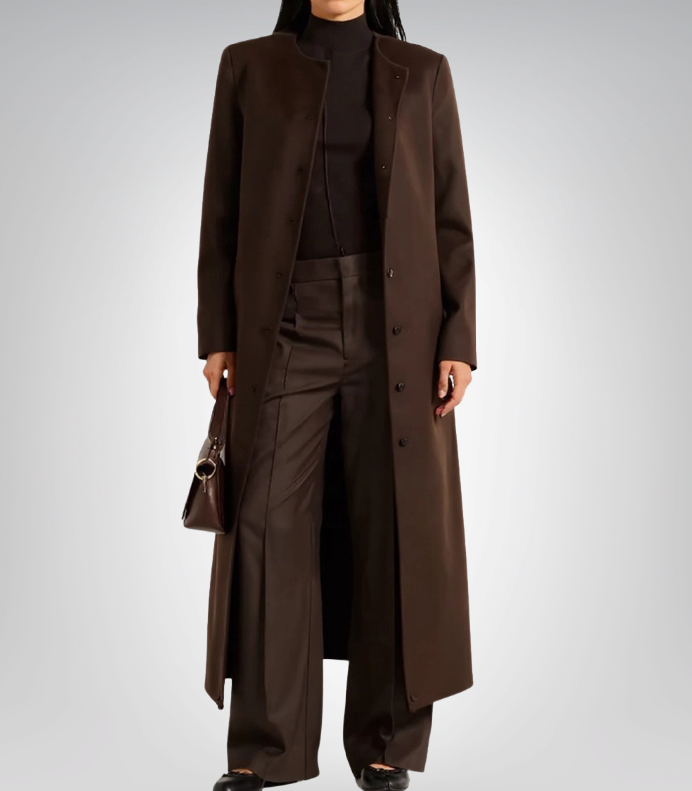 1 Rosario Runway Women’s Dark Brown Collarless Wool Coat Full-Length Winter Trench - Image 1