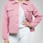 Women’s Classic Pink Wool Button-Up Jacket Trucker Style Winter Coat