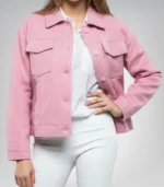 Women’s Classic Pink Wool Button-Up Jacket Trucker Style Winter Coat