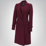 Women’s Burgundy Double-Breasted Long Wool Coat Elegant Wrap Trench Style