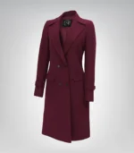 Women’s Burgundy Double-Breasted Long Wool Coat Elegant Wrap Trench Style