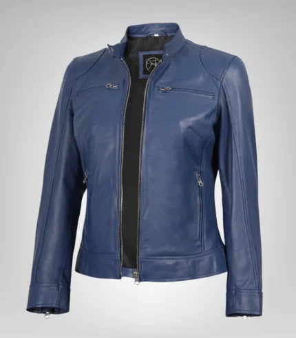 Women’s blue genuine leather moto jacket with modern fit
