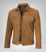 Men’s Real Suede Tan Trucker Jacket Classic Button Front Style
