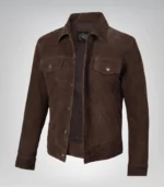 Men’s Real Suede Dark Brown Trucker Jacket Classic Button Front Style