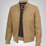 Men’s Camel Brown Real Suede Bomber Jacket Premium Zip Front Style