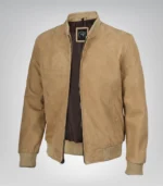 Men’s Camel Brown Real Suede Bomber Jacket Premium Zip Front Style