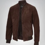 Men’s Dark Brown Real Suede Bomber Jacket Classic Zip Front Style