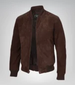 Men’s Dark Brown Real Suede Bomber Jacket Classic Zip Front Style