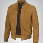 Men’s Light Brown Real Suede Bomber Jacket Classic Zip Front Style
