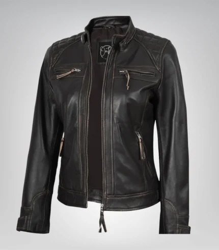 Women’s distressed brown genuine leather quilted biker jacket