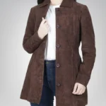 Women’s Dark Brown Suede Button-Down Coat 3/4 Length Real Suede Jacket