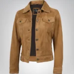 Women’s Light Brown Suede Trucker Jacket Real Suede Button-Front Jacket