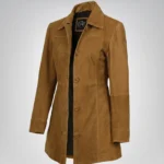 Women’s 3/4 Length Camel Brown Suede Button-Down Coat Real Suede Jacket