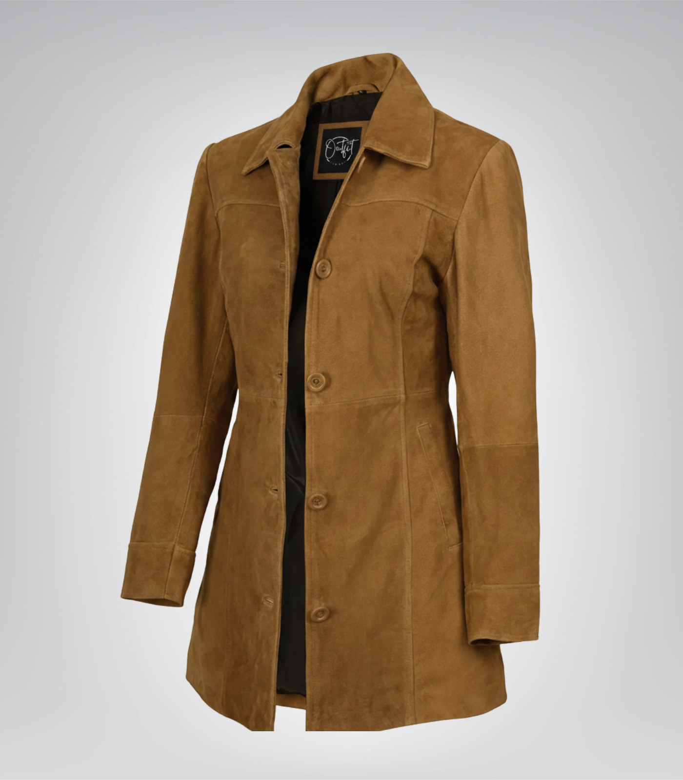 1 Women’s 3/4 Length Camel Brown Suede Button-Down Coat Real Suede Jacket - Image 1