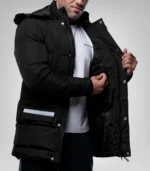 Melvin Long Men’s Black Puffer Jacket Insulated Winter Coat with Faux Fur Trim Hood, Water & Wind Resistant