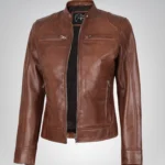 Women’s distressed brown genuine leather quilted biker jacket