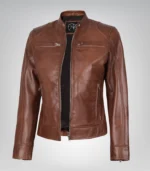 Women’s distressed brown genuine leather quilted biker jacket