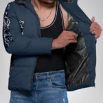 Karter Men’s Duck Down Navy Blue Patterned Puffer Jacket with Hood 700 Fill Power Insulated Winter Coat