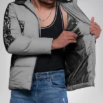 Karter Men’s Duck Down Light Gray Patterned Puffer Jacket with Hood 700 Fill Power Insulated Winter Coat