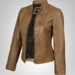 Amy women’s camel brown genuine leather biker jacket