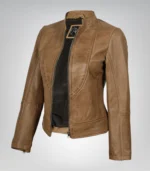 Amy women’s camel brown genuine leather biker jacket