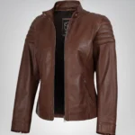 Women’s cognac moto leather biker jacket