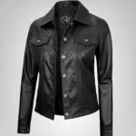 Women’s black lambskin moto trucker jacket with four pockets