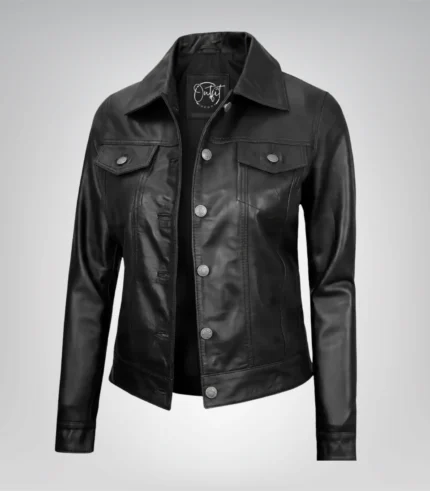 Women’s black lambskin moto trucker jacket with four pockets